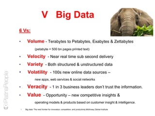 V Big Data
6 Vs:
• Volume - Terabytes to Petabytes, Exabytes & Zettabytes
(petabyte = 500 bn pages printed text)
• Velocity - Near real time sub second delivery
• Variety - Both structured & unstructured data
• Volatility - 100s new online data sources –
new apps, web services & social networks
• Veracity - 1 in 3 business leaders don’t trust the information.
• Value - Opportunity – new competitive insights &
operating models & products based on customer insight & intelligence.
 Big data: The next frontier for innovation, competition, and productivity McKinsey Global Institute
 