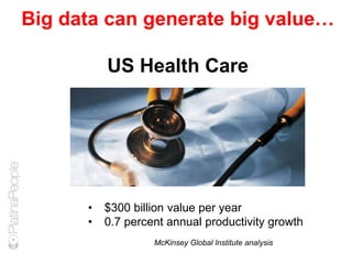 Big data can generate big value…
US Health Care
• $300 billion value per year
• 0.7 percent annual productivity growth
McKinsey Global Institute analysis
 