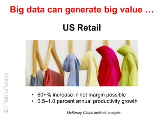 Big data can generate big value …
US Retail
• 60+% increase in net margin possible
• 0.5–1.0 percent annual productivity growth
McKinsey Global Institute analysis
 