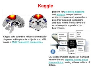 Kaggle
Kaggle data scientists helped automatically
diagnose schizophrenia subjects from MRI
scans in MLSP's research competition ›
GE utilized multiple sources of flight and
weather data to improve runway arrival
time prediction, saving airlines millions of
dollars.
platform for predictive modelling
and analytics competitions on
which companies and researchers
post their data and statisticians
and data miners from all over the
world compete to produce the
best models.
 