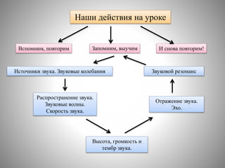 Наши действия на уроке
Вспомним, повторим Запомним, выучим И снова повторим!
Источники звука. Звуковые колебания
Распространение звука.
Звуковые волны.
Скорость звука.
Высота, громкость и
тембр звука.
Отражение звука.
Эхо.
Звуковой резонанс
 