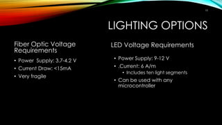 LIGHTING OPTIONS
Fiber Optic Voltage
Requirements
• Power Supply: 3.7-4.2 V
• Current Draw: <15mA
• Very fragile
LED Voltage Requirements
• Power Supply: 9-12 V
• .Current: 6 A/m
• Includes ten light segments
• Can be used with any
microcontroller
10
 