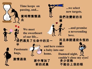 Time keeps  on  passing, and... ...we select  new targets. We meet the sweetheart of our life... ...and promise a neverending love. Passionate hugs, and here comes a baby into our home. Damned night, couldn’t close my eyes! 當時間慢慢過去 我們改變新的目標 我們遇見了生命中的另一半 而且承諾這段永恆的愛 激情過後 家中增加了新的成員 多少夜晚 不能合上我的眼 