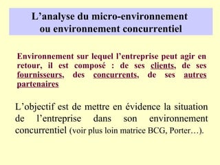L’analyse du micro-environnement
     ou environnement concurrentiel

Environnement sur lequel l’entreprise peut agir en
retour, il est composé : de ses clients, de ses
fournisseurs, des concurrents, de ses autres
partenaires

L’objectif est de mettre en évidence la situation
de l’entreprise dans son environnement
concurrentiel (voir plus loin matrice BCG, Porter…).
 
