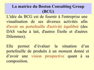 La matrice du Boston Consulting Group
                     (BCG)
L'idée du BCG est de fournir à l'entreprise une
visualisation de ses diverses activités afin
d'avoir un portefeuille d'activité équilibré (des
DAS vache à lait, d'autres Étoile et d'autres
Dilemmes).

Elle permet d’évaluer la situation d’un
portefeuille de produits à un moment donné et
d’avoir une vision prospective quant à sa
composition.
 