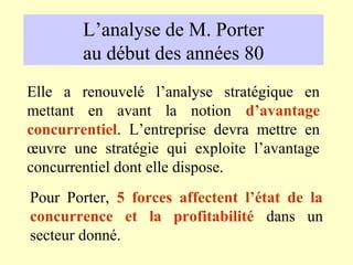 L’analyse de M. Porter
        au début des années 80
Elle a renouvelé l’analyse stratégique en
mettant en avant la notion d’avantage
concurrentiel. L’entreprise devra mettre en
œuvre une stratégie qui exploite l’avantage
concurrentiel dont elle dispose.
Pour Porter, 5 forces affectent l’état de la
concurrence et la profitabilité dans un
secteur donné.
 