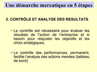 Une démarche mercatique en 5 étapes

5. CONTRÔLE ET ANALYSE DES RESULTATS

  – Le contrôle est nécessaire pour évaluer les
    résultats de l’action de l’entreprise et si
    besoin pour réajuster les objectifs et les
    choix stratégiques.

  – Le contrôle des performances, permanent,
    facilite l’analyse des actions menées (tableau
    de bord).
 