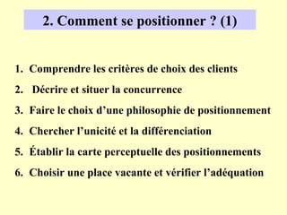 2. Comment se positionner ? (1)


1. Comprendre les critères de choix des clients
2. Décrire et situer la concurrence
3. Faire le choix d’une philosophie de positionnement
4. Chercher l’unicité et la différenciation
5. Établir la carte perceptuelle des positionnements
6. Choisir une place vacante et vérifier l’adéquation
 
