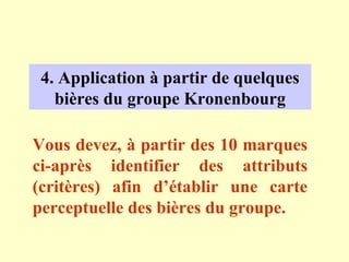 4. Application à partir de quelques
   bières du groupe Kronenbourg

Vous devez, à partir des 10 marques
ci-après identifier des attributs
(critères) afin d’établir une carte
perceptuelle des bières du groupe.
 