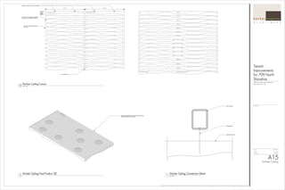 HSS 10x8x5/8
Plywood Ceiling Fin
Threaded Rod
Plywood Ceiling Elements. CAD file to be provided.
Paper Templates to be provided
31.this fin next to column wall
30
29
28
27
26
25
24
23
22
21
20
19
18
17
16
15
14
13
12
11
10
9
8
7
6
5
4
3
2
1.this fin adjacent to corridor
15
14
13
12
11
10
9
8
7
6
5
4
3
2
1
15a
14a
13a
12a
11a
10a
9a
8a
7a
6a
5a
4a
3a
2a
1a
15b
14b
13b
12b
11b
10b
9b
8b
7b
6b
5b
4b
3b
2b
1b.this fin adjacent to corridor
31b.this fin next to column wall
30b
29b
28b
27b
26b
25b
24b
23b
22
21b
20b
19b
18b
17b
16b
31a
30a
29a
28a
27a
26a
25a
24a
23a
22
21a
20a
19a
18a
17a
16a
31
30
29
28
27
26
25
24
23
22
21
20
19
18
17
16
Marked for hole locations to be tapped
10' - 0" 10' - 0"
Varies
Max10"
Joint between fins
Numbers for template and assembly
only. Not to be included in final fins
3/4" Paint Grade Birch Plywood
or Similar
ALL DRAWINGS AND WRITTEN MATERIALS APPEARING HEREIN CONSTITUTE ORIGINAL AND UNPUBLISHED WORK OF THE ARCHITECT AND MAY NOT BE DUPLICATED, USED, OR DISCLOSED WITHOUT THE WRITTEN CONSENT OF THE ARCHITECT. COPYRIGHTED.
REVISIONS
DATE
SCALE
PROJECT #
b a r k e rb a r k e rb a r k e rb a r k e r wwww aaaa gggg oooo nnnn eeee rrrr
a r c h i t e c t s
As indicated
AAAA11115555
Kitchen Ceiling
TenantTenantTenantTenant
ImprovementsImprovementsImprovementsImprovements
for 709 Northfor 709 Northfor 709 Northfor 709 North
ShorelineShorelineShorelineShoreline
709 North Shoreline Boulevard
Mountain View, CA
10/24/2014
142-0018
3" = 1'-0"3" = 1'-0"3" = 1'-0"3" = 1'-0"1111
Kitchen Ceiling Connection DetailKitchen Ceiling Connection DetailKitchen Ceiling Connection DetailKitchen Ceiling Connection Detail
2222
Kitchen Ceiling Final Product 3DKitchen Ceiling Final Product 3DKitchen Ceiling Final Product 3DKitchen Ceiling Final Product 3D
1/2" = 1'-0"1/2" = 1'-0"1/2" = 1'-0"1/2" = 1'-0"3333
Kitchen Ceiling CutoutKitchen Ceiling CutoutKitchen Ceiling CutoutKitchen Ceiling Cutout
 