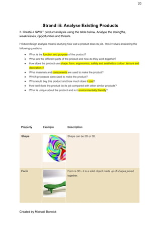 20 
 
Strand iii: Analyse Existing Products 
3. Create a SWOT product analysis using the table below. Analyse the strengths, 
weaknesses, opportunities and threats.  
 
Product design analysis means studying how well a product does its job. This involves answering the 
following questions 
● What is the ​function and purpose​ of the product? 
● What are the different parts of the product and how do they work together? 
● How does the product use ​shape, form, ergonomics, safety and aesthetics (colour, texture and 
decoration)? 
● What materials and ​components ​are used to make the product? 
● Which processes were used to make the product? 
● Who would buy this product and how much does it​ cost​? 
● How well does the product do its job compared with other similar products? 
● What is unique about the product and is it ​environmentally friendly​? 
 
 
 
 
 
 
 
Property  Example  Description 
Shape  Shape can be 2D or 3D. 
Form  Form is 3D ­ it is a solid object made up of shapes joined 
together. 
Created by Michael Bonnick 
 