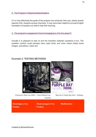 74 
2.  The Program’s Objectives/Specifications 
 
If it is how effectively the goals of the program are achieved, then yes, clearly assists                               
Spanish EAL students access chemistry. It may have been helpful to provide English                         
translation of question as well to help their learning. 
 
3.  The program's engagement (how fun/engaging is it for the player?) 
 
Visually it is pleasant to look at and the transition between questions is fun. The                             
question content could perhaps have used richer and more varied media (more                       
images, animations, video etc) 
 
 
Example 2: TESTING METHODS 
 
     “Everyone’s Brain can Glitch”​ ­ Rhett Williams­Lee           ​“Become a Purple Day Hero”​ ­ Epilepsy 
Australia.  
Advantages of my 
Product 
Disadvantages of my 
Product 
Modifications 
Created by Michael Bonnick 
 
