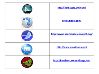 http://netscape.aol.com/ http://flock.com/ http://www.seamonkey-project.org/ http://www.maxthon.com/ http://kmeleon.sourceforge.net/ 