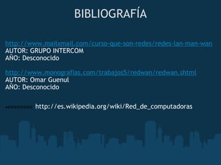 BIBLIOGRAFÍA http://www.mailxmail.com/curso-que-son-redes/redes-lan-man-wan AUTOR: GRUPO INTERCOM AÑO: Desconocido http://www.monografias.com/trabajos5/redwan/redwan.shtml AUTOR: Omar Guenul AÑO: Desconocido · http://es.wikipedia.org/wiki/Red_de_computadoras