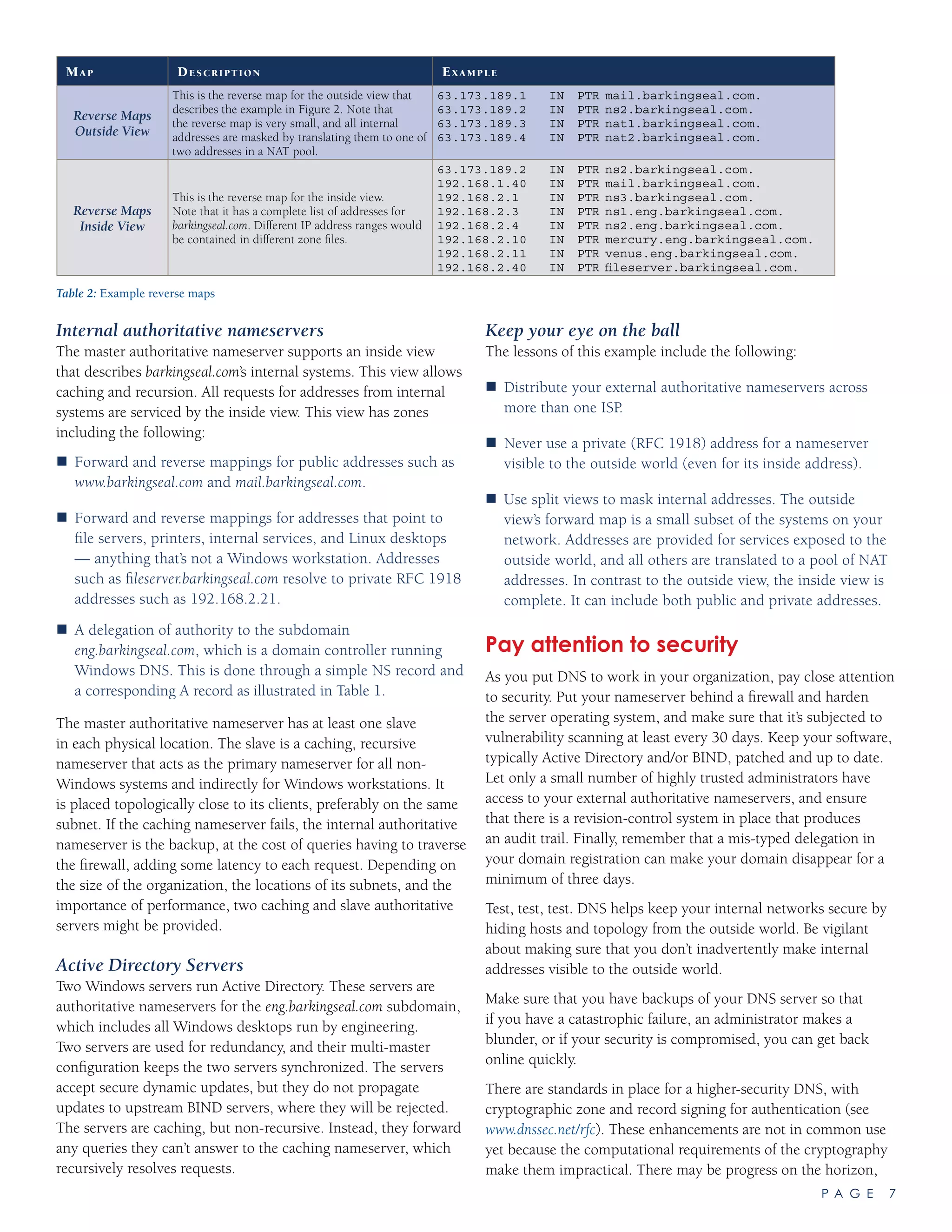 P A G E 7
Internal authoritative nameservers
The master authoritative nameserver supports an inside view
that describes barkingseal.com’s internal systems. This view allows
caching and recursion. All requests for addresses from internal
systems are serviced by the inside view. This view has zones
including the following:
Forward and reverse mappings for public addresses such as„„
www.barkingseal.com and mail.barkingseal.com.
Forward and reverse mappings for addresses that point to„„
file servers, printers, internal services, and Linux desktops
— anything that’s not a Windows workstation. Addresses
such as fileserver.barkingseal.com resolve to private RFC 1918
addresses such as 192.168.2.21.
A delegation of authority to the subdomain„„
eng.barkingseal.com, which is a domain controller running
Windows DNS. This is done through a simple NS record and
a corresponding A record as illustrated in Table 1.
The master authoritative nameserver has at least one slave
in each physical location. The slave is a caching, recursive
nameserver that acts as the primary nameserver for all non-
Windows systems and indirectly for Windows workstations. It
is placed topologically close to its clients, preferably on the same
subnet. If the caching nameserver fails, the internal authoritative
nameserver is the backup, at the cost of queries having to traverse
the firewall, adding some latency to each request. Depending on
the size of the organization, the locations of its subnets, and the
importance of performance, two caching and slave authoritative
servers might be provided.
Active Directory Servers
Two Windows servers run Active Directory. These servers are
authoritative nameservers for the eng.barkingseal.com subdomain,
which includes all Windows desktops run by engineering.
Two servers are used for redundancy, and their multi-master
configuration keeps the two servers synchronized. The servers
accept secure dynamic updates, but they do not propagate
updates to upstream BIND servers, where they will be rejected.
The servers are caching, but non-recursive. Instead, they forward
any queries they can’t answer to the caching nameserver, which
recursively resolves requests.
Keep your eye on the ball
The lessons of this example include the following:
Distribute your external authoritative nameservers across„„
more than one ISP.
Never use a private (RFC 1918) address for a nameserver„„
visible to the outside world (even for its inside address).
Use split views to mask internal addresses. The outside„„
view’s forward map is a small subset of the systems on your
network. Addresses are provided for services exposed to the
outside world, and all others are translated to a pool of NAT
addresses. In contrast to the outside view, the inside view is
complete. It can include both public and private addresses.
Pay attention to security
As you put DNS to work in your organization, pay close attention
to security. Put your nameserver behind a firewall and harden
the server operating system, and make sure that it’s subjected to
vulnerability scanning at least every 30 days. Keep your software,
typically Active Directory and/or BIND, patched and up to date.
Let only a small number of highly trusted administrators have
access to your external authoritative nameservers, and ensure
that there is a revision-control system in place that produces
an audit trail. Finally, remember that a mis-typed delegation in
your domain registration can make your domain disappear for a
minimum of three days.
Test, test, test. DNS helps keep your internal networks secure by
hiding hosts and topology from the outside world. Be vigilant
about making sure that you don’t inadvertently make internal
addresses visible to the outside world.
Make sure that you have backups of your DNS server so that
if you have a catastrophic failure, an administrator makes a
blunder, or if your security is compromised, you can get back
online quickly.
There are standards in place for a higher-security DNS, with
cryptographic zone and record signing for authentication (see
www.dnssec.net/rfc). These enhancements are not in common use
yet because the computational requirements of the cryptography
make them impractical. There may be progress on the horizon,
Map Description Example
Reverse Maps
Outside View
This is the reverse map for the outside view that
describes the example in Figure 2. Note that
the reverse map is very small, and all internal
addresses are masked by translating them to one of
two addresses in a NAT pool.
63.173.189.1	 IN	 PTR	mail.barkingseal.com.
63.173.189.2	 IN	 PTR	ns2.barkingseal.com.
63.173.189.3	 IN	 PTR	nat1.barkingseal.com.
63.173.189.4	 IN	 PTR	nat2.barkingseal.com.
Reverse Maps
Inside View
This is the reverse map for the inside view.
Note that it has a complete list of addresses for
barkingseal.com. Different IP address ranges would
be contained in different zone files.
63.173.189.2	 IN	 PTR	ns2.barkingseal.com.
192.168.1.40	 IN	 PTR	mail.barkingseal.com.
192.168.2.1		 IN	 PTR	ns3.barkingseal.com.
192.168.2.3		 IN	 PTR	ns1.eng.barkingseal.com.
192.168.2.4		 IN	 PTR	ns2.eng.barkingseal.com.
192.168.2.10	 IN	 PTR	mercury.eng.barkingseal.com.
192.168.2.11	 IN	 PTR	venus.eng.barkingseal.com.
192.168.2.40	 IN	 PTR	fileserver.barkingseal.com.
Table 2: Example reverse maps
 
