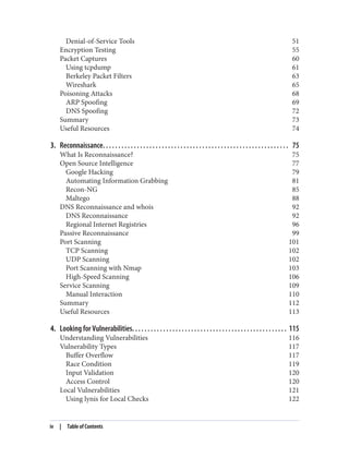 Denial-of-Service Tools 51
Encryption Testing 55
Packet Captures 60
Using tcpdump 61
Berkeley Packet Filters 63
Wireshark 65
Poisoning Attacks 68
ARP Spoofing 69
DNS Spoofing 72
Summary 73
Useful Resources 74
3. Reconnaissance. . . . . . . . . . . . . . . . . . . . . . . . . . . . . . . . . . . . . . . . . . . . . . . . . . . . . . . . . . . . 75
What Is Reconnaissance? 75
Open Source Intelligence 77
Google Hacking 79
Automating Information Grabbing 81
Recon-NG 85
Maltego 88
DNS Reconnaissance and whois 92
DNS Reconnaissance 92
Regional Internet Registries 96
Passive Reconnaissance 99
Port Scanning 101
TCP Scanning 102
UDP Scanning 102
Port Scanning with Nmap 103
High-Speed Scanning 106
Service Scanning 109
Manual Interaction 110
Summary 112
Useful Resources 113
4. Looking for Vulnerabilities. . . . . . . . . . . . . . . . . . . . . . . . . . . . . . . . . . . . . . . . . . . . . . . . . . 115
Understanding Vulnerabilities 116
Vulnerability Types 117
Buffer Overflow 117
Race Condition 119
Input Validation 120
Access Control 120
Local Vulnerabilities 121
Using lynis for Local Checks 122
iv | Table of Contents
 