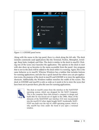 Figure 1-3. GNOME panel menu
Along with the menu in the top panel, there is a dock along the left side. The dock
includes commonly used applications like the Terminal, Firefox, Metasploit, Armit‐
age, Burp Suite, Leafpad, and Files. The dock is similar to the dock in macOS. Click‐
ing one of the icons once launches the application. The options in the dock to start
with also show up as favorites in the menu accessible from the panel. Any program
that is not in the dock will be added to the dock while it is running. Again, this is the
same behavior as in macOS. Whereas Windows has a taskbar that includes buttons
for running applications, and also has a quick launch bar where you can pin applica‐
tion icons, the purpose of the dock in macOS and GNOME is to store the application
shortcuts. Additionally, the Windows taskbar stretches the width of the screen. The
dock in GNOME and macOS is only as wide as it needs to be to store the icons that
have been set to persist there, plus the ones for running applications.
The dock in macOS comes from the interface in the NeXTSTEP
operating system, which was designed for the NeXT Computer.
This is the computer Steve Jobs formed a company to design and
build after he was forced out of Apple in the 1980s. Many of the
elements of the NeXTSTEP user interface (UI) were incorporated
into the macOS UI when Apple bought NeXT. Incidentally, NeXT‐
STEP was built over the top of a BSD operating system, which is
why macOS has Unix under the hood if you open a terminal
window.
Desktops | 11
 