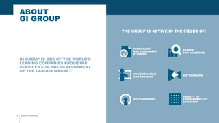 ABOUT
GI GROUP
GROUP PROFILE2
GI GROUP IS ONE OF THE WORLD’S
LEADING COMPANIES PROVIDING
SERVICES FOR THE DEVELOPMENT
OF THE LABOUR MARKET.
THE GROUP IS ACTIVE IN THE FIELDS OF:
TEMPORARY
AND PERMANENT
STAFFING
HR CONSULTING
AND TRAINING
OUTPLACEMENT
SEARCH
AND SELECTION
OUTSOURCING
VARIETY OF
COMPLEMENTARY
ACTIVITIES
 