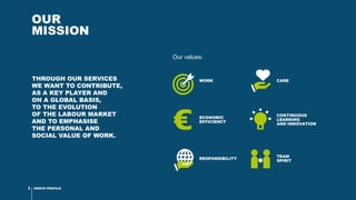 GROUP PROFILE3
OUR
MISSION
THROUGH OUR SERVICES
WE WANT TO CONTRIBUTE,
AS A KEY PLAYER AND
ON A GLOBAL BASIS,
TO THE EVOLUTION
OF THE LABOUR MARKET
AND TO EMPHASISE
THE PERSONAL AND
SOCIAL VALUE OF WORK.
Our values:
WORK
ECONOMIC
EFFICIENCY
RESPONSIBILITY
CARE
CONTINUOUS
LEARNING
AND INNOVATION
TEAM
SPIRIT
 