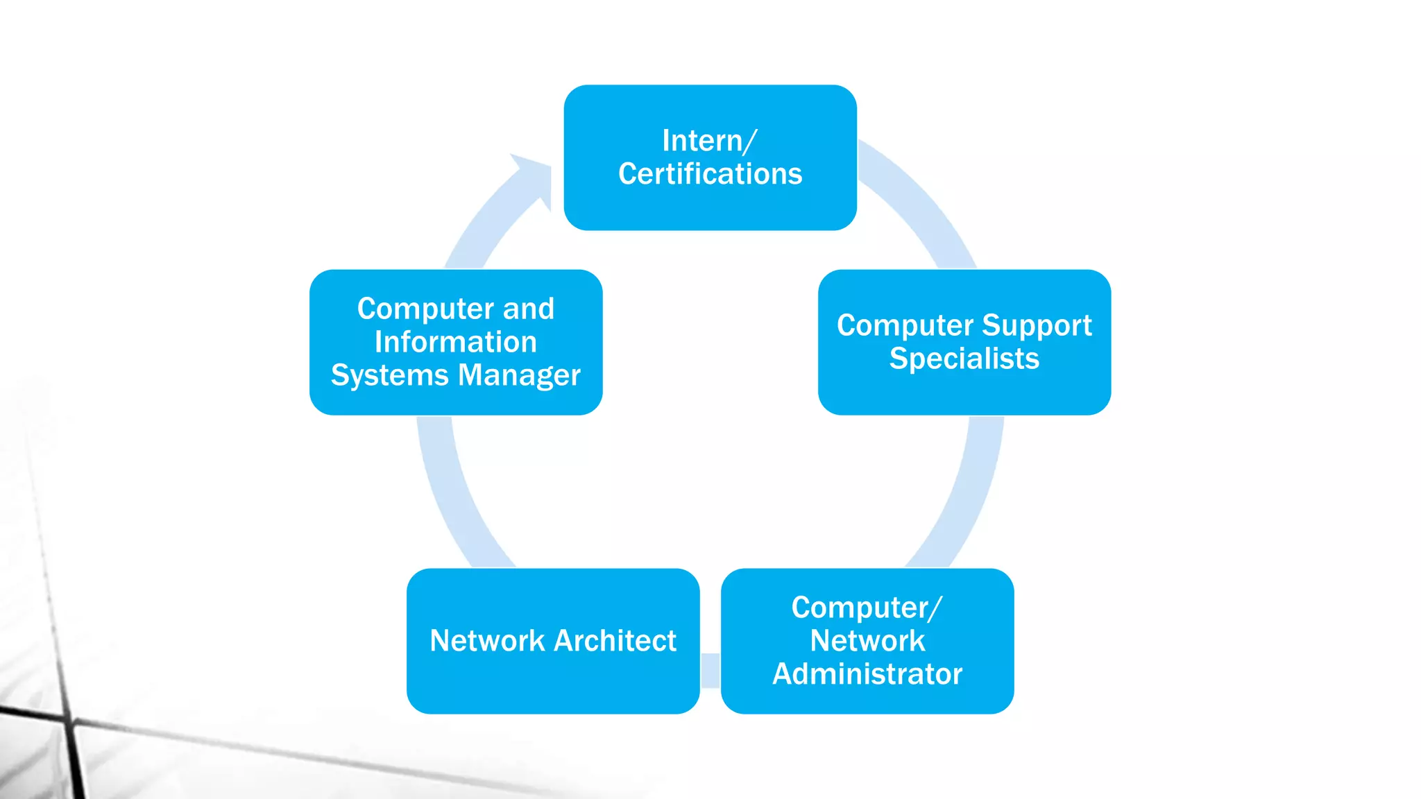 Intern/
Certifications
Computer Support
Specialists
Computer/
Network
Administrator
Network Architect
Computer and
Information
Systems Manager
 