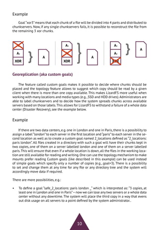 10
Example
Goal“xor3”means that each chunk of a file will be divided into 4 parts and distributed to
chunkservers. Now, if any single chunkservers fails, it is possible to reconstruct the file from
the remaining 3 xor chunks.
Georeplication (aka custom goals)
The feature called custom goals makes it possible to decide where chunks should be
placed and the topology feature allows to suggest which copy should be read by a given
client when there is more than one copy available. This makes LizardFS more useful when
working with many locations and media types (e.g., SSD and HDD drives).Administrators are
able to label chunkservers and to decide how the system spreads chunks across available
servers based on those labels.This allows for LizardFS to withstand a failure of a whole data
center (Disaster Recovery), see the example below.
Example
If there are two data centers, e.g. one in London and one in Paris, there is a possibility to
assign a label “london”to each server in the first location and “paris”to each server in the se-
cond location as well as to create a custom goal named 2_locations defined as “2_locations:
paris london”. All files created in a directory with such a goal will have their chunks kept in
two copies, one of them on a server labelled london and one of them on a server labelled
paris.This will ensure that even if a whole location is down, all the files in the working loca-
tion are still available for reading and writing.One can use the topology mechanism to make
mounts prefer reading Custom goals (like described in this example) can be used instead
of simple goals which specify only a number of copies (e.g., goal=3). There is a possibility
to set and change them at any time for any file or any directory tree and the system will
accordingly move data if required.
There are more possibilities, e.g.:
•	 To define a goal “safe_2_locations: paris london _“ which is interpreted as: “3 copies, at
least one in London and one in Paris”–now we can lose any two servers or a whole data
center without any downtime. The system will place the third copy in a way that evens
out disk usage on all servers to a point defined by the system administrator..
 