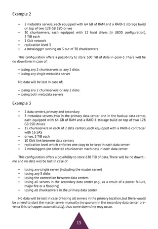15
Example 2
•	 2 metadata servers, each equipped with 64 GB of RAM and a RAID-1 storage build
on top of two 128 GB SSD drives
•	 30 chunkservers, each equipped with 12 hard drives (in JBOD configuration),
3 TiB each
•	 1 Gbit network
•	 replication level 3
•	 a metalogger running on 3 out of 30 chunkservers
This configuration offers a possibility to store 360 TiB of data in goal=3. There will be
no downtime in case of:
• losing any 2 chunkservers or any 2 disks
• losing any single metadata server
No data will be lost in case of:
• losing any 2 chunkservers or any 2 disks
• losing both metadata servers
Example 3
•	 2 data centers, primary and secondary
•	 3 metadata servers, two in the primary data center one in the backup data center,
each equipped with 64 GB of RAM and a RAID-1 storage build on top of two 128
GB SSD drives
•	 15 chunkservers in each of 2 data centers, each equipped with a RAID-6 controller
with 16 SAS
•	 drives, 3 TiB each
•	 10 Gbit link between data centers
•	 replication level which enforces one copy to be kept in each data center
•	 2 metaloggers (on selected chunkserver machines) in each data center
This configuration offers a possibility to store 630 TiB of data. There will be no downti-
me and no data will be lost in case of:
•	 losing any single server (including the master server)
•	 losing any 5 disks
•	 losing the connection between data centers
•	 losing all servers in the secondary data center (e.g., as a result of a power failure,
major fire or a flooding)
•	 losing all chunkservers in the primary data center
No data will be lost in case of losing all servers in the primary location, but there would
be a need to start the master server manually (no quorum in the secondary data center pre-
vents this to happen automatically), thus some downtime may occur.
 