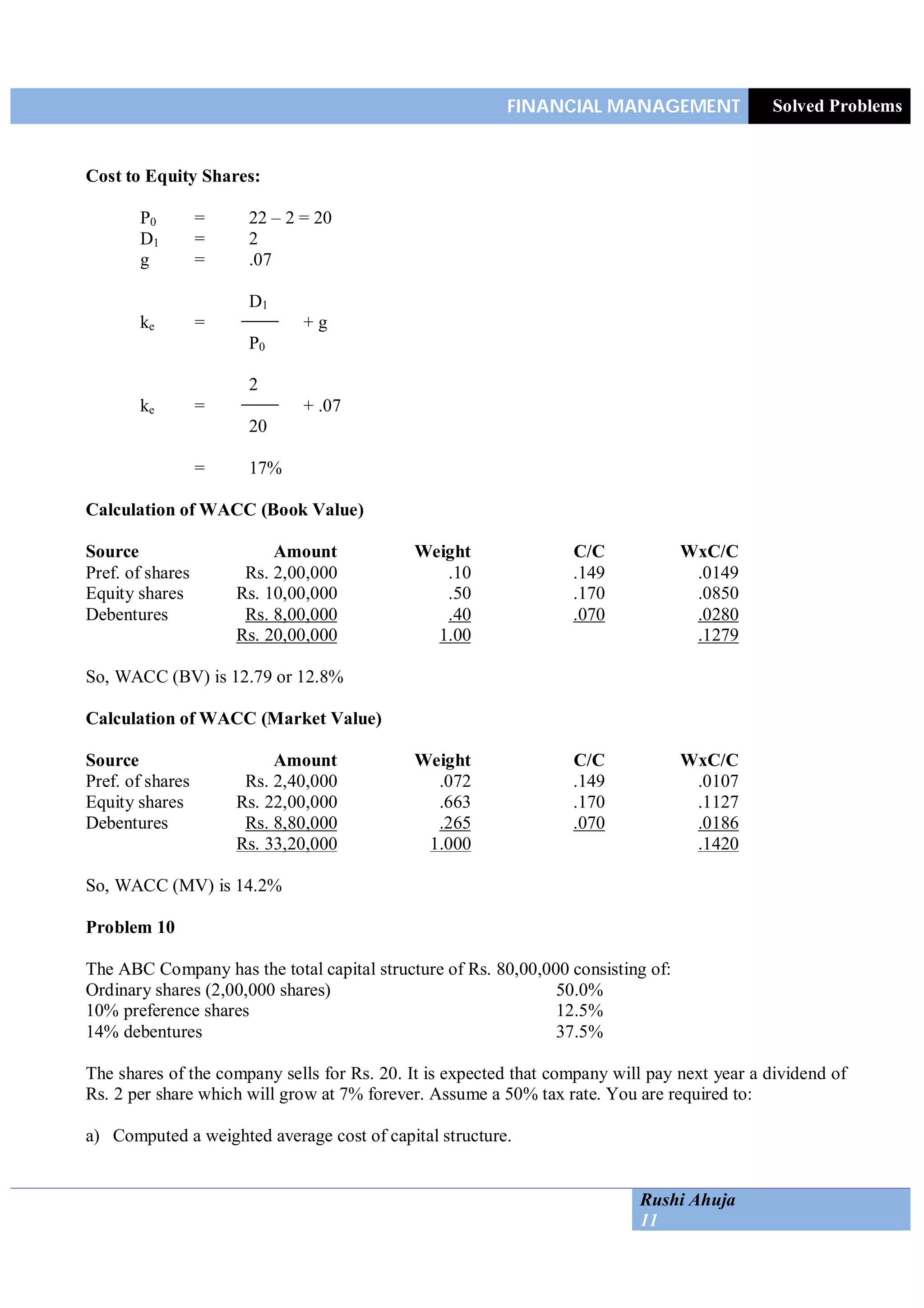FINANCIAL MANAGEMENT Solved Problems
Rushi Ahuja
11
Cost to Equity Shares:
P0 = 22 – 2 = 20
D1 = 2
g = .07
D1
ke = + g
P0
2
ke = + .07
20
= 17%
Calculation of WACC (Book Value)
Source Amount Weight C/C WxC/C
Pref. of shares Rs. 2,00,000 .10 .149 .0149
Equity shares Rs. 10,00,000 .50 .170 .0850
Debentures Rs. 8,00,000 .40 .070 .0280
Rs. 20,00,000 1.00 .1279
So, WACC (BV) is 12.79 or 12.8%
Calculation of WACC (Market Value)
Source Amount Weight C/C WxC/C
Pref. of shares Rs. 2,40,000 .072 .149 .0107
Equity shares Rs. 22,00,000 .663 .170 .1127
Debentures Rs. 8,80,000 .265 .070 .0186
Rs. 33,20,000 1.000 .1420
So, WACC (MV) is 14.2%
Problem 10
The ABC Company has the total capital structure of Rs. 80,00,000 consisting of:
Ordinary shares (2,00,000 shares) 50.0%
10% preference shares 12.5%
14% debentures 37.5%
The shares of the company sells for Rs. 20. It is expected that company will pay next year a dividend of
Rs. 2 per share which will grow at 7% forever. Assume a 50% tax rate. You are required to:
a) Computed a weighted average cost of capital structure.
 