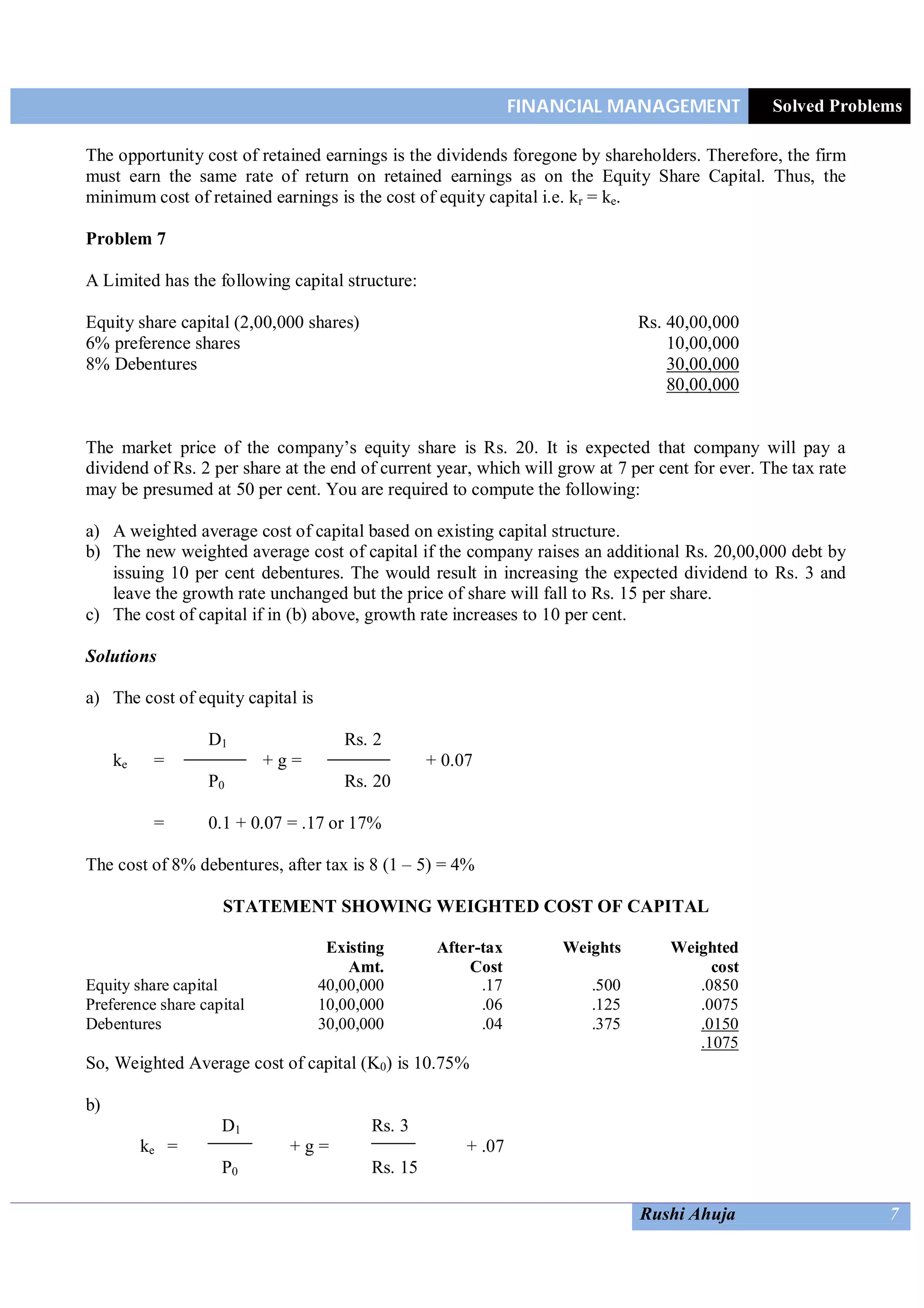 FINANCIAL MANAGEMENT Solved Problems
Rushi Ahuja 7
The opportunity cost of retained earnings is the dividends foregone by shareholders. Therefore, the firm
must earn the same rate of return on retained earnings as on the Equity Share Capital. Thus, the
minimum cost of retained earnings is the cost of equity capital i.e. kr = ke.
Problem 7
A Limited has the following capital structure:
Equity share capital (2,00,000 shares) Rs. 40,00,000
6% preference shares 10,00,000
8% Debentures 30,00,000
80,00,000
The market price of the company’s equity share is Rs. 20. It is expected that company will pay a
dividend of Rs. 2 per share at the end of current year, which will grow at 7 per cent for ever. The tax rate
may be presumed at 50 per cent. You are required to compute the following:
a) A weighted average cost of capital based on existing capital structure.
b) The new weighted average cost of capital if the company raises an additional Rs. 20,00,000 debt by
issuing 10 per cent debentures. The would result in increasing the expected dividend to Rs. 3 and
leave the growth rate unchanged but the price of share will fall to Rs. 15 per share.
c) The cost of capital if in (b) above, growth rate increases to 10 per cent.
Solutions
a) The cost of equity capital is
D1 Rs. 2
ke = + g = + 0.07
P0 Rs. 20
= 0.1 + 0.07 = .17 or 17%
The cost of 8% debentures, after tax is 8 (1 – 5) = 4%
STATEMENT SHOWING WEIGHTED COST OF CAPITAL
Existing
Amt.
After-tax
Cost
Weights Weighted
cost
Equity share capital 40,00,000 .17 .500 .0850
Preference share capital 10,00,000 .06 .125 .0075
Debentures 30,00,000 .04 .375 .0150
.1075
So, Weighted Average cost of capital (K0) is 10.75%
b)
D1 Rs. 3
ke = + g = + .07
P0 Rs. 15
 