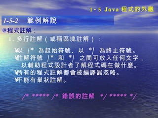 程式註解： 1-5-2  範例解說 以  /*  為起始符號、 以  */  為終止符號。 註解符號  /*  和  */  之間可放入任何文 字， 以輔助程式設計者了解程式碼在做什麼 。 所有的程式註解都會被編譯器忽略。 不能有巢狀註解 。  /* ***** /*  錯誤的註解  */ ***** */ 1. 多行註解（或稱區塊註解） ： 1-5 Java 程式的外觀 