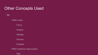 Other Concepts Used
QI
FADE model
Focus
Analyze
Develop
Execute
Evaluate
PDSA model (to make project)
Plan
 