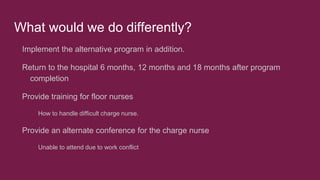 What would we do differently?
Implement the alternative program in addition.
Return to the hospital 6 months, 12 months and 18 months after program
completion
Provide training for floor nurses
How to handle difficult charge nurse.
Provide an alternate conference for the charge nurse
Unable to attend due to work conflict
 