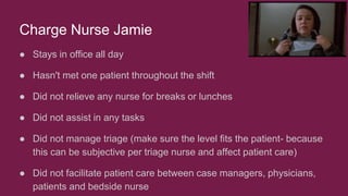 Charge Nurse Jamie
● Stays in office all day
● Hasn't met one patient throughout the shift
● Did not relieve any nurse for breaks or lunches
● Did not assist in any tasks
● Did not manage triage (make sure the level fits the patient- because
this can be subjective per triage nurse and affect patient care)
● Did not facilitate patient care between case managers, physicians,
patients and bedside nurse
 