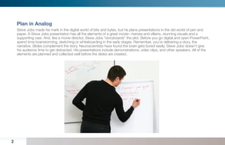 Plan in Analog
    Steve Jobs made his mark in the digital world of bits and bytes, but he plans presentations in the old world of pen and
    paper. A Steve Jobs presentation has all the elements of a great movie—heroes and villains, stunning visuals and a
    supporting cast. And, like a movie director, Steve Jobs “storyboards” the plot. Before you go digital and open PowerPoint,
    spend time brainstorming, sketching or whiteboarding in the early stages. Remember, you’re delivering a story, the
    narrative. Slides complement the story. Neuroscientists have found the brain gets bored easily. Steve Jobs doesn’t give
    his audience time to get distracted. His presentations include demonstrations, video clips, and other speakers. All of the
    elements are planned and collected well before the slides are created.




2
 