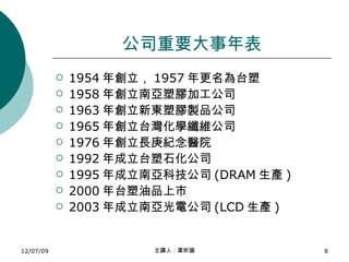 公司重要大事年表 1954 年創立， 1957 年更名為台塑 1958 年創立南亞塑膠加工公司 1963 年創立新東塑膠製品公司 1965 年創立台灣化學纖維公司 1976 年創立長庚紀念醫院 1992 年成立台塑石化公司 1995 年成立南亞科技公司 (DRAM 生產 ) 2000 年台塑油品上市 2003 年成立南亞光電公司 (LCD 生產 ) 