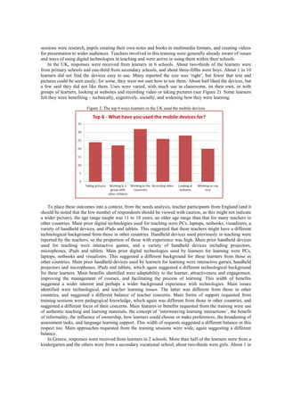 sessions were research, pupils creating their own notes and books in multimedia formats, and creating videos
for presentation to wider audiences. Teachers involved in this training were generally already aware of issues
and ways of using digital technologies in teaching and were active in using them within their schools.
In the UK, responses were received from learners in 6 schools. About two-thirds of the learners were
from primary schools and one-third from secondary schools, and about three-fifths were boys. About 1 in 10
learners did not find the devices easy to use. Many reported the size was ‘right’, but fewer that text and
pictures could be seen easily; for some, they were not sure how to use them. About half liked the devices, but
a few said they did not like them. Uses were varied, with much use in classrooms, on their own, or with
groups of learners, looking at websites and recording video or taking pictures (see Figure 2). Some learners
felt they were benefiting – technically, cognitively, socially, and widening how they were learning.
Figure 2. The top 6 ways learners in the UK used the mobile devices
To place these outcomes into a context, from the needs analysis, teacher participants from England (and it
should be noted that the low number of respondents should be viewed with caution, as this might not indicate
a wider picture), the age range taught was 11 to 18 years, an older age range than that for many teachers in
other countries. Main prior digital technologies used for teaching were PCs, laptops, netbooks, visualizers, a
variety of handheld devices, and iPads and tablets. This suggested that these teachers might have a different
technological background from those in other countries. Handheld devices used previously in teaching were
reported by the teachers, so the proportion of those with experience was high. Main prior handheld devices
used for teaching were interactive games, and a variety of handheld devices including projectors,
microphones, iPads and tablets. Main prior digital technologies used by learners for learning were PCs,
laptops, netbooks and visualizers. This suggested a different background for these learners from those in
other countries. Main prior handheld devices used by learners for learning were interactive games, handheld
projectors and microphones, iPads and tablets, which again suggested a different technological background
for these learners. Main benefits identified were adaptability to the learner, attractiveness and engagement,
improving the management of courses, and facilitating the process of learning. This width of benefits
suggested a wider interest and perhaps a wider background experience with technologies. Main issues
identified were technological, and teacher learning issues. The latter was different from those in other
countries, and suggested a different balance of teacher concerns. Main forms of support requested from
training sessions were pedagogical knowledge, which again was different from those in other countries, and
suggested a different focus of their concerns. Main features or benefits requested from the training were use
of authentic teaching and learning materials, the concept of ‘interweaving learning interactions’, the benefit
of informality, the influence of ownership, how learners could choose or make preferences, the broadening of
assessment tasks, and language learning support. This width of requests suggested a different balance in this
respect too. Main approaches requested from the training sessions were wide, again suggesting a different
balance.
In Greece, responses were received from learners in 2 schools. More than half of the learners were from a
kindergarten and the others were from a secondary vocational school; about two-thirds were girls. About 1 in
 