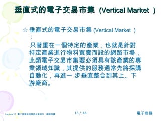 垂直式的電子交易市集  (Vertical Market ） ☆ 垂直式的電子交易市集 (Vertical Market ）： 只著重在一個特定的產業，也就是針對特定產業進行物料買賣而設的網路市場，此類電子交易市集要必須具有該產業的專業領域知識，其提供的服務通常先將採購自動化，再進一 步垂直整合到其上、下游廠商。  