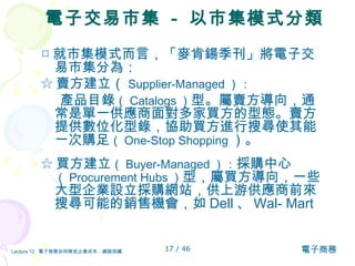 電子交易市集  -  以市集模式分類 □ 就市集模式而言，「麥肯鍚季刊」將電子交易市集分為：  ☆ 賣方建立（ Supplier-Managed ）： 產品目錄 （ Catalogs ） 型。屬賣方導向，通常是單一供應商面對多家買方的型態。賣方提供數位化型錄，協助買方進行搜尋使其能一次購足 （ One-Stop Shopping ）。 ☆ 買方建立 （ Buyer-Managed ）： 採購中心 （ Procurement Hubs ） 型，屬買方導向，一些大型企業設立採購網站，供上游供應商前來搜尋可能的銷售機會，如 Dell 、 Wal- Mart 