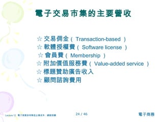 電子 交易市集的主要營收 ☆ 交易佣金 （ Transaction-based ） ☆ 軟體授權費 （ Software license ） ☆ 會員費 （ Membership ） ☆ 附加價值服務費 （ Value-added service ） ☆ 標題贊助廣告收入 ☆ 顧問諮詢費用 