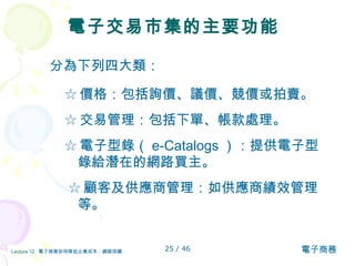 電子交易市集的主要功能 分為下列四大類： ☆ 價格：包括詢價、議價、競價或拍賣。 ☆ 交易管理：包括下單、帳款處理。 ☆ 電子型錄（ e-Catalogs ）：提供電子型錄給潛在的網路買主。 ☆ 顧客及供應商管理：如供應商績效管理等。 