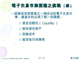 電子交易市集面臨之挑戰  ( 續 ) □ 經營者若想要建立一個成功的電子交易市集，最基本的必須了解一些課題：  ☆ 資金流動性（ Liquidity ） ☆ 能否留住客戶 ☆ 型錄成本 ☆ 能否吸引供應商 