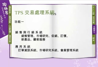 TPS 功能一 銷 售 與 行 銷 系 統  　　銷售管理、市場研究、促銷、訂價、 　　新產品、顧客服務 應 用 系 統 　訂單資訊系統、市場研究系統、會員管理系統 TPS 交易處理 系統 