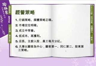 經營策略 1. 行銷策略、媒體策略正確。  2. 市場定位明確。 3. 成立中常會。 4. 低成本、高獲利。 5. 店長、主廚入股，員工每月分紅。 6. 凡事以顧客為中心，顧客第一、同仁第二、股東第 三策略。 