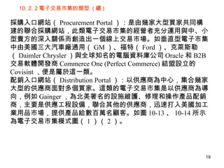 10. 2. 2 電子交易市集的類型  ( 續 ) 採購入口網站（ Procurement Portal ）：是由幾家大型買家共同構建的聯合採購網站，此類電子交易市集的經營者充分運用與中、小型賣方的深入關係而創造出一個線上交易市場。如垂直型電子市集中由美國三大汽車廠通用（ GM ）、福特（ Ford ）、克萊斯勒（ Daimler Chrysler ）與全球知名的電腦資料庫公司 Oracle 和 B2B 交易軟體開發商 Commerce One (Perfect Commerce) 結盟設立的 Covisint ，便是屬於這一類。 配銷入口網站（ Distribution Portal ）：以供應商為中心，集合幾家大型的供應商面對多個買家。這類的電子交易市集是以供應商為導向，例如 Gainger ，為北美著名的設施維護、修理和操作產品配銷商，主要是供應工程設備，聯合其他的供應商，迅速打入美國加工業用品市場，提供產品給數百萬名顧客。如圖 10-13 、 10-14 所示為電子交易市集模式圖（ 1 ）（ 2 ）。 