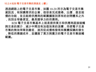 10.2.4 B2B 電子交易市集的演進史  ( 續 ) 透過網路上的電子交易市集，如圖 10-20 所示為電子交易市集資訊流，有採購需求的企業，很容易完成搜尋、比價，甚至殺價的功能，並且能將供應商的範圍擴展到原有的封閉體系之外，找到全球最便宜、最具競爭力的供應商。 　　 B2B 電子交易市集基本上就是提供買方和供應商直接接觸與交易的媒介，減少中間沒有加值效果的浪費，而使電子交易市集的無效率降到最低，進而促成價格發現和集體採購的發生，降低供應鏈成本，並擴展了買方與賣方的電子交易市集接觸範圍。 