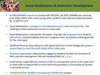 Social Mobilization & Institution Development
• In 1992 NABARD experiment started with 500 SHGs. By 2010, NABARD was servicing
6.95 million SHGS, with a total savings of Rs. 6,198.71 crore and loans disbursed worth
Rs. 12,429.37 crore
• Social Mobilisation is stronger in rural India and in the 4 states of South India. The
challenge of SHG mobilization remains in urban India
• Social Mobilisation is not just the ‘formation’ of groups, but empowerment, financial
self-reliance, and participation and access to government, its schemes and programmes
for the urban poor
• NULM will focus on these elements with special attention to bank linkages for purpose
neutral loans to meet the credit needs of the urban poor
• Resource Organisations (ROs) will be engaged by SULM to facilitate the formation of
SHGs and their development. ROs will handhold SHGs for 2 years
• SULM will be responsible for selection of ROs in a transparent manner at the state level
or allow ULBs to empanel ROs on strict technical parameters so that quality of services
is not compromised
• A maximum of Rs. 10,000 can be spent per SHG for this purpose
 
