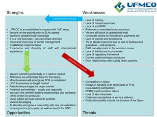 13
• Competitors in Qatar
• Delays in handing over other parts of TPQ
• Loss-leading competitors
• IWMS implementation failure
• Loss of key manpower
• Customer perceptions re service delivery
• Political instability outside the borders of the Qatar
• We are operating potentially in a captive market
• All towers are potentially there for the taking
• More business will emerge as TPQ is completed
• UDC businesses as target market
• Residential packages as target market
• Potential partnerships – locally and regionally
• We can now cement existing relationships and contracts
(while under low pressure)
• Value added services added to portfolio
• Volume leveraging
• To develop and grow a new entity with due consideration
to best practice principles, as well as best fit for UDC
• Lack of training
• Lack of human resources
• Lack of an IWMS
• Reliance on mandated subcontractors
• We are still stuck at operational level
• Corporate inertia for recruitment, payments etc
• Lack of policies and procedures
• Try to please everyone due to lack of policies and
guidelines – self-pressure
• E&C non-alignment to the common cause
• Lack of adherence to processes
• Lack of regulatory framework
• Current cost/overheads structures
• Poor relationships with supply chain partners
• UFMCO is an established company with “full” setup
• We are on the ground prior to SLAs signed
• We have detailed local knowledge
• It is a new business – we can shape direction
• Drive and know-how of senior management
• Established customer base
• Experience and diversity of staff with international
experience
Strengths Weaknesses
Opportunities Threats
CONVERSION STRATEGIES
MATCHING
STRATEGIES
 