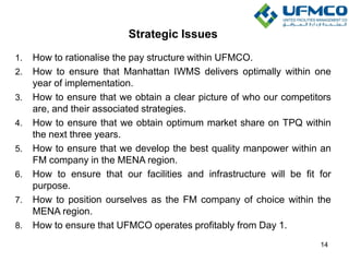Strategic Issues
1. How to rationalise the pay structure within UFMCO.
2. How to ensure that Manhattan IWMS delivers optimally within one
year of implementation.
3. How to ensure that we obtain a clear picture of who our competitors
are, and their associated strategies.
4. How to ensure that we obtain optimum market share on TPQ within
the next three years.
5. How to ensure that we develop the best quality manpower within an
FM company in the MENA region.
6. How to ensure that our facilities and infrastructure will be fit for
purpose.
7. How to position ourselves as the FM company of choice within the
MENA region.
8. How to ensure that UFMCO operates profitably from Day 1.
14
 