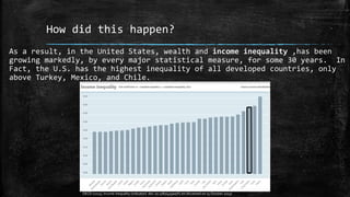 How did this happen?
As a result, in the United States, wealth and income inequality ,has been
growing markedly, by every major statistical measure, for some 30 years. In
Fact, the U.S. has the highest inequality of all developed countries, only
above Turkey, Mexico, and Chile.
OECD (2015), Income inequality (indicator). doi: 10.1787/459aa7f1-en (Accessed on 15 October 2015)
 