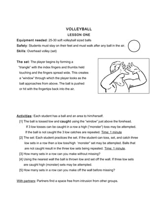 VOLLEYBALL 
LESSON ONE 
Equipment needed: 25-30 soft volleyball sized balls 
Safety: Students must stay on their feet and must walk after any ball in the air. 
Skills: Overhead volley (set) 
The set: The player begins by forming a 
“triangle” with the index fingers and thumbs held 
touching and the fingers spread wide. This creates 
a “window” through which the player looks as the 
ball approaches from above. The ball is pushed 
or hit with the fingertips back into the air. 
Activities: Each student has a ball and an area to him/herself. 
[1] The ball is tossed low and caught using the “window” just above the forehead. 
If 3 low tosses can be caught in a row a high (“monster”) toss may be attempted. 
If the ball is not caught the 3 low catches are repeated. Time: 1 minute 
[2] The set: Each student practices the set. If the student can toss, set, and catch three 
low sets in a row then a low toss/high ‘monster” set may be attempted. Balls that 
are not caught result in the three low sets being repeated. Time: 1 minute. 
[3] How many sets in a row can you make without missing? 
[4] Using the nearest wall the ball is thrown low and set off the wall. If three low sets 
are caught high (monster) sets may be attempted. 
[5] How many sets in a row can you make off the wall before missing? 
With partners: Partners find a space free from intrusion from other groups. 
 