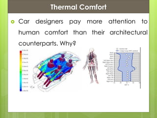 Presentation ContentsThermal Comfort
 Car designers pay more attention to
human comfort than their architectural
counterparts. Why?
 